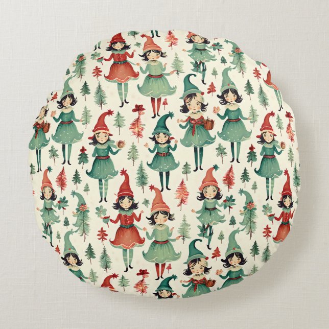 Cute Vintage Female Elves Christmas Seasonal  Round Cushion (Front)