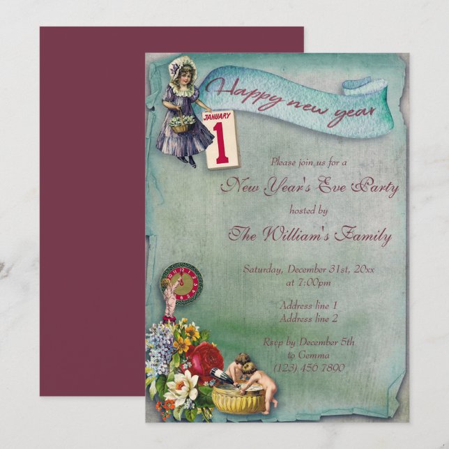 Cute Vintage Floral New Year's Eve Invitation (Front/Back)
