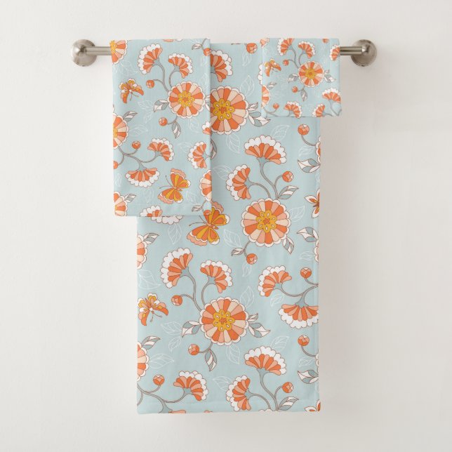Cute Vintage Flower Butterfly Pattern Bath Towel Set (Insitu)