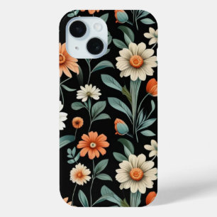 Cute Vintage Flower Pattern on Black Background iPhone 15 Case
