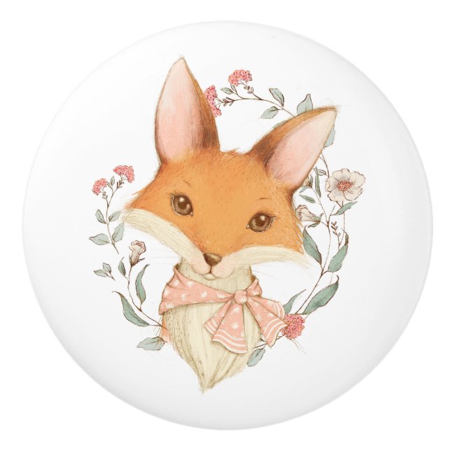 Cute Vintage Fox Pink Floral Ceramic Knob (Front)