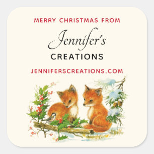 Cute Vintage Foxes Merry Christmas Business Square Sticker