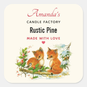 Cute Vintage Foxes Retro Christmas Candle or Soap Square Sticker