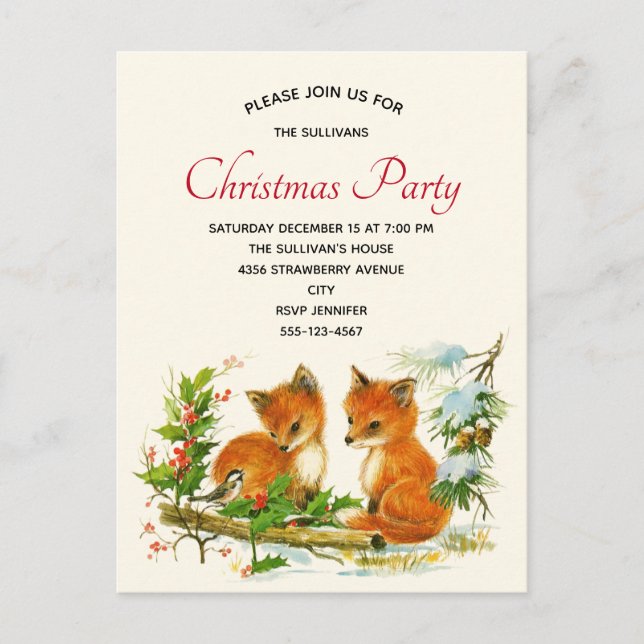 Cute Vintage Foxes Retro Christmas Party Invitation Postcard (Front)