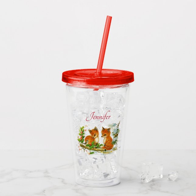 Cute Vintage Foxes Retro Christmas Scene Acrylic Tumbler (Back Ice)