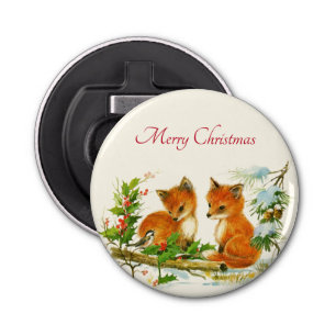 Cute Vintage Foxes Retro Christmas Scene Bottle Opener