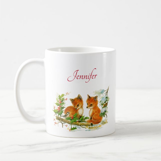 Cute Vintage Foxes Retro Christmas Scene Coffee Mug (Left)