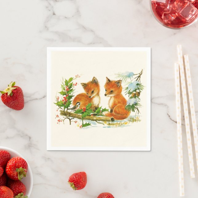 Cute Vintage Foxes Retro Christmas Scene Napkin (Insitu)