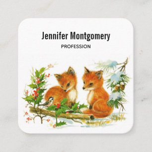 Cute Vintage Foxes Retro Christmas Scene Square Business Card