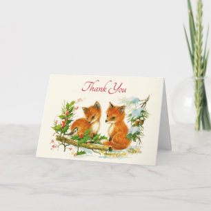 Cute Vintage Foxes Retro Christmas Scene Thank You Card