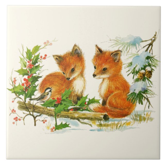 Cute Vintage Foxes Retro Christmas Scene Tile (Front)