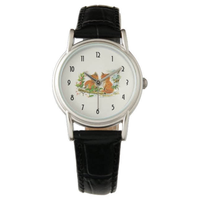 Cute Vintage Foxes Retro Christmas Scene Watch (Front)