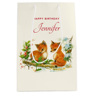 Cute Vintage Foxes Retro Winter Scene Birthday Medium Gift Bag