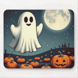 Cute, vintage ghost & pumpkin halloween art mouse pad