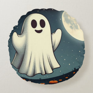 Cute, vintage ghost & pumpkin halloween art round cushion
