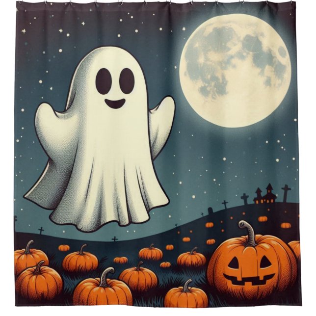 Cute, vintage ghost & pumpkin halloween art shower curtain (Front)