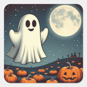 Cute, vintage ghost & pumpkin halloween art square sticker