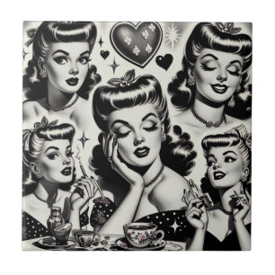 Cute Vintage Girl Illustration Tile
