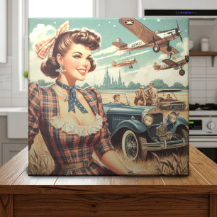 Cute Vintage Girl Illustration Tile