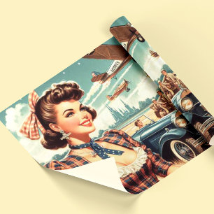 Cute Vintage Girl Illustration Wrapping Paper