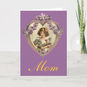 Cute Vintage Girl & Kitten Floral Heart Card