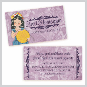 Cute vintage girl knitting crochet ball of yarn business card