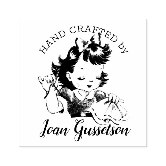Cute vintage girl sewing embroidery quilting rubber stamp (Imprint)