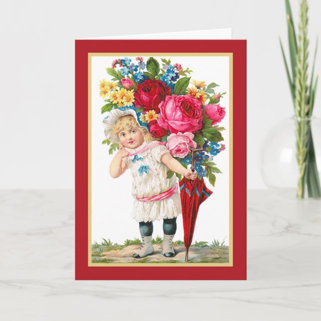 Cute Vintage Girl With Flowers Card (Front)
