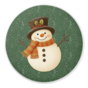 Cute, vintage green rustic snowman ceramic knob