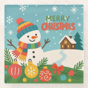 Cute, vintage green rustic snowman glass coaster
