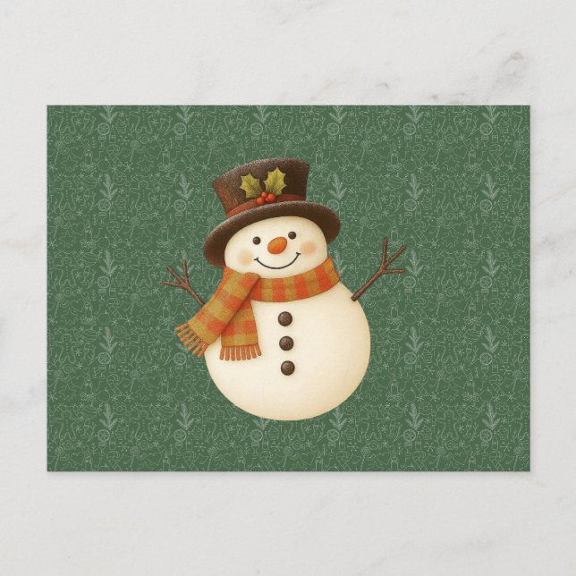 Cute, vintage green rustic snowman holiday postcard (Front)