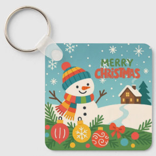 Cute, vintage green rustic snowman key ring