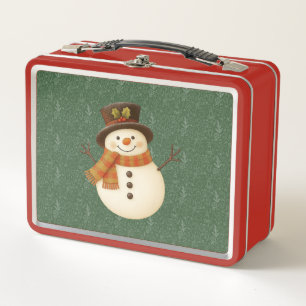 Cute, vintage green rustic snowman metal lunch box