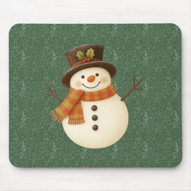 Cute, vintage green rustic snowman mouse pad (Front)