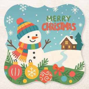 Cute, vintage green rustic snowman paper coaster
