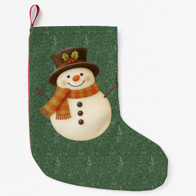 Cute, vintage green rustic snowman small christmas stocking (Front)