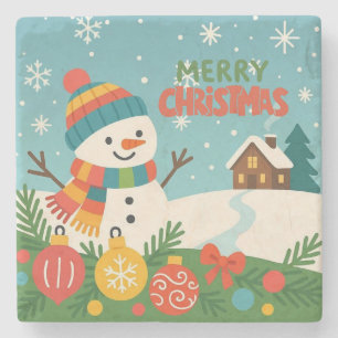 Cute, vintage green rustic snowman stone coaster