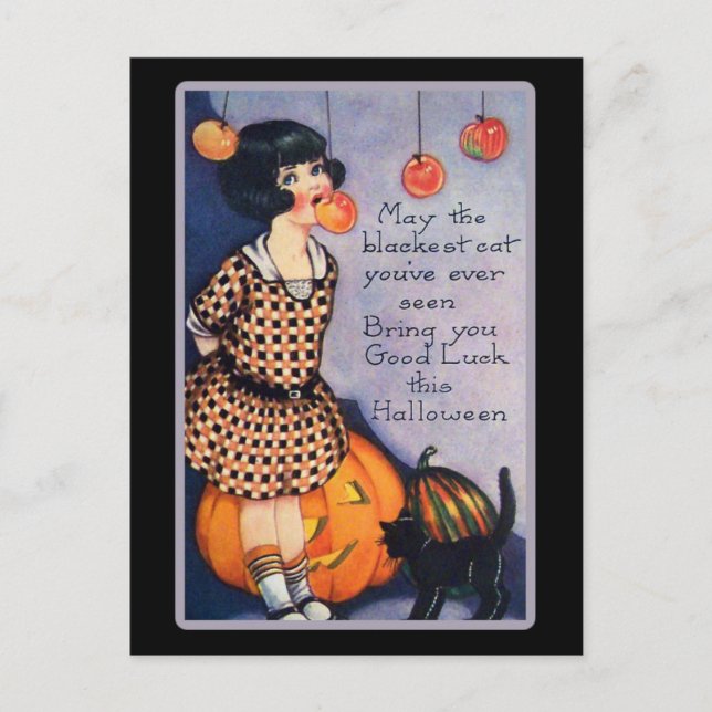 Cute Vintage Halloween Black Cat Postcard (Front)