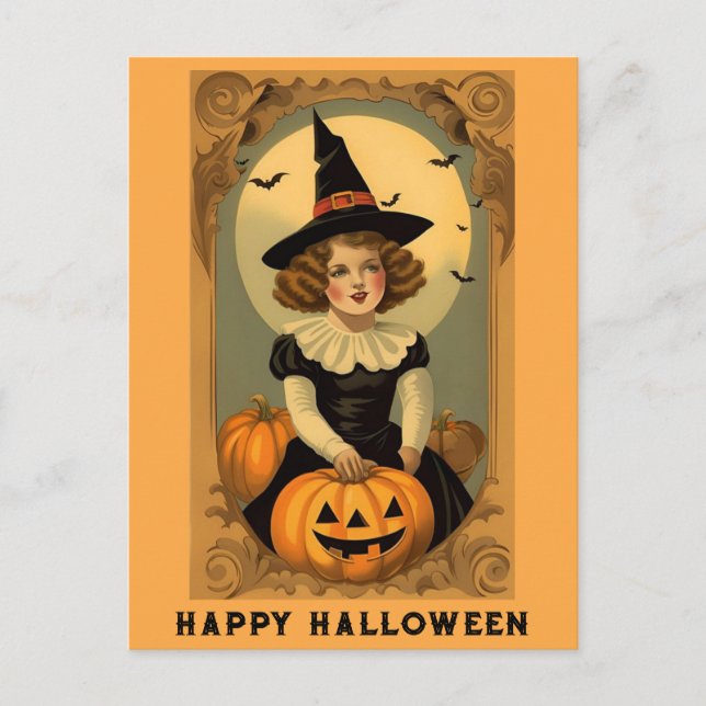 Cute Vintage Halloween Witch Hat Girl Pumpkin Postcard (Front)