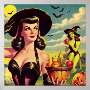 Cute Vintage Halloween Witch Pin-up Poster