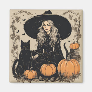 Cute Vintage Halloween Witch with Black Cat Magnet