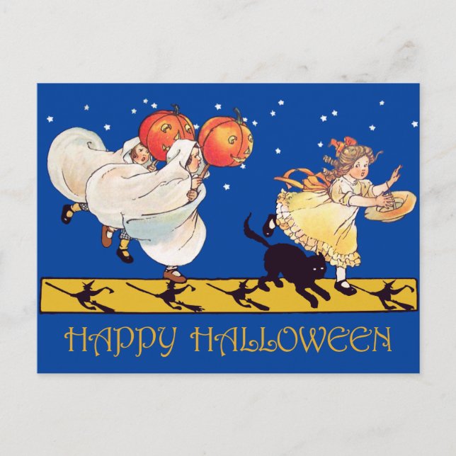 Cute Vintage Happy Halloween Black Cat, Ghosts Postcard (Front)