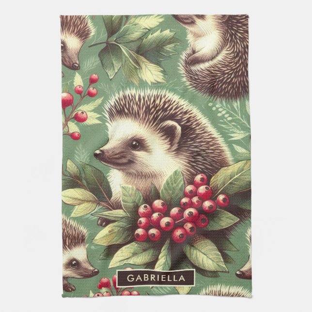 Cute Vintage Hedgehog Pattern Tea Towel (Vertical)