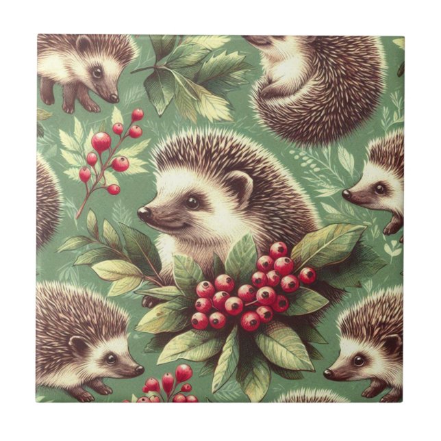 Cute Vintage Hedgehog Pattern Tile (Front)