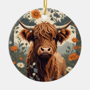 Cute Vintage Highland Cow  Ceramic Tree Decoration