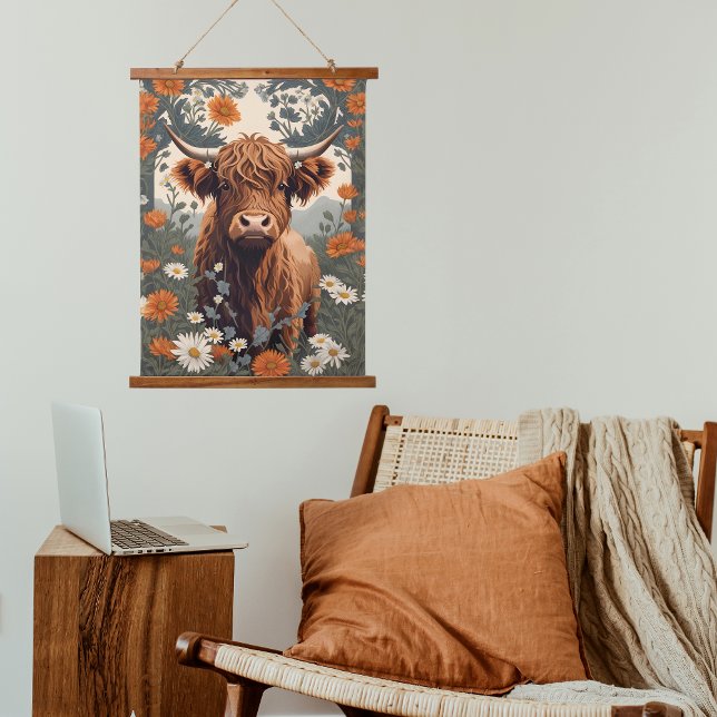 Cute Vintage Highland Cow Daisy Field Hanging Tapestry (Creator Uploaded)