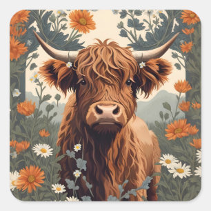 Cute Vintage Highland Cow Square Sticker