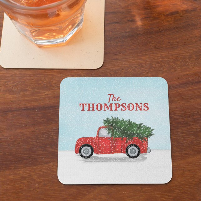 Cute Vintage Holiday Rustic Winter Tree Snowflake Coaster (Christmas classic rustic red truck holiday paper party coaster. )