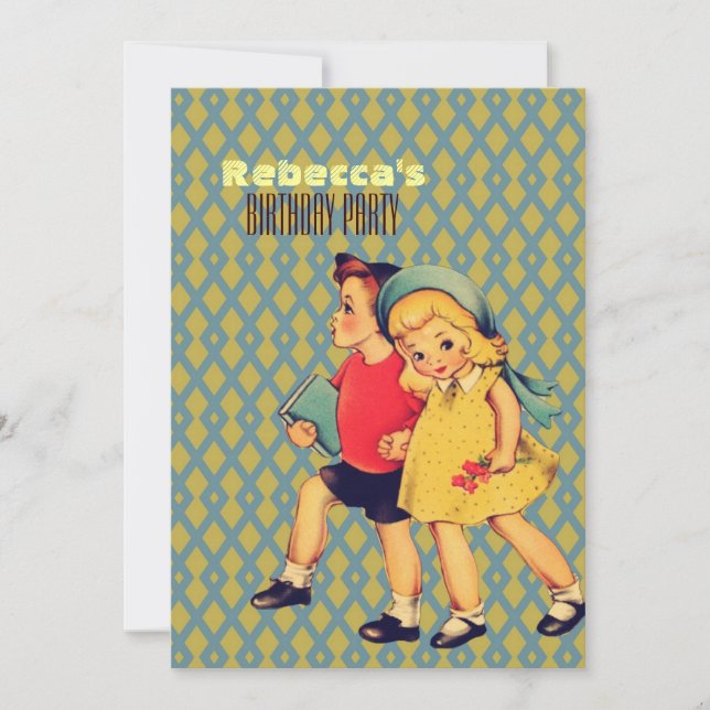 cute vintage kids retro children birthday party invitation (Front)