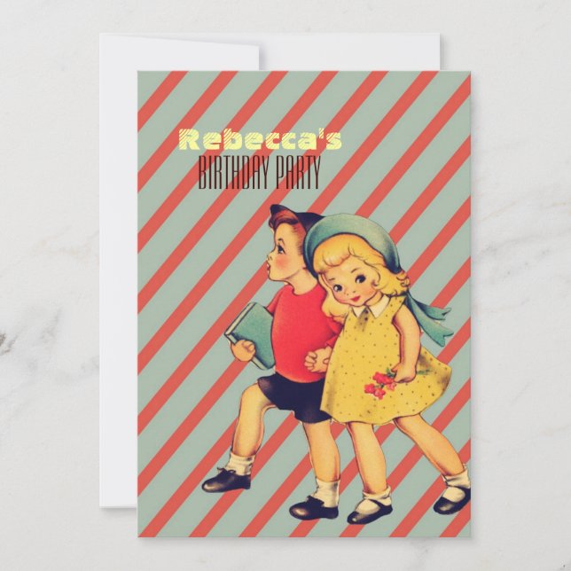 cute vintage kids retro children birthday party invitation (Front)